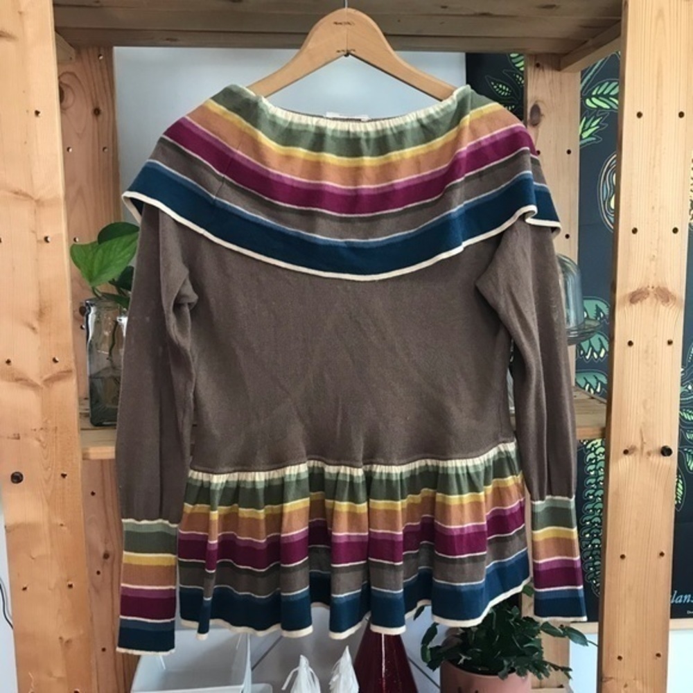 Kenzo Brown Colorful Stripe Ruffle Peplum Tie Front Cardigan Sweater Small - Picture 5 of 16